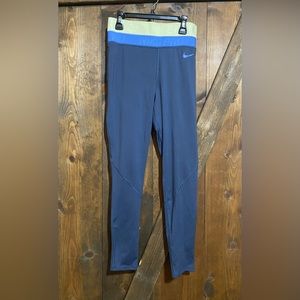 Women’s Nike Pro Dri Fit Leggings, Navy Blue with Green Band, size S